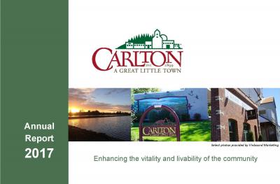 First page of the City of Carlton Annual Report for 2017. Includes the City Logo and three photographs from the community.