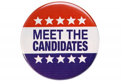 Image of Meet the Candidates button with red, white, and blue stripes and white stars.