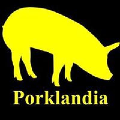 Image of yellow pig on black background with words "Porklandia"